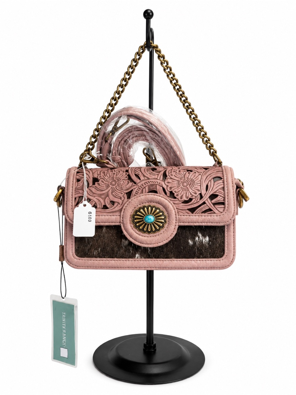 Pink Floral Cutout Crossbody Bag with Turquoise Medallion Accent